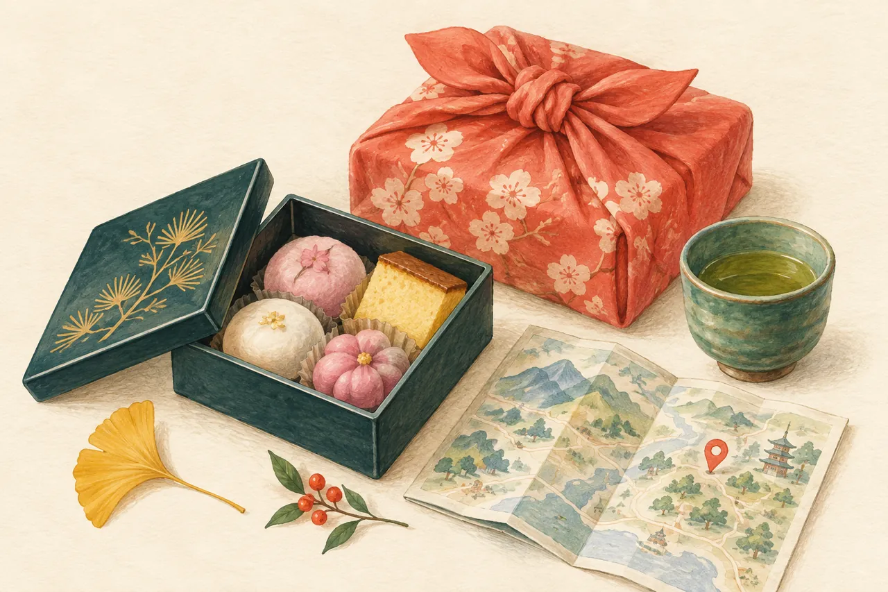 風呂敷とお菓子、お茶を描いた旅のお土産のイラスト