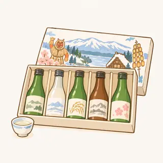 秋田の日本酒 飲み比べセットの特徴を描いたイラスト