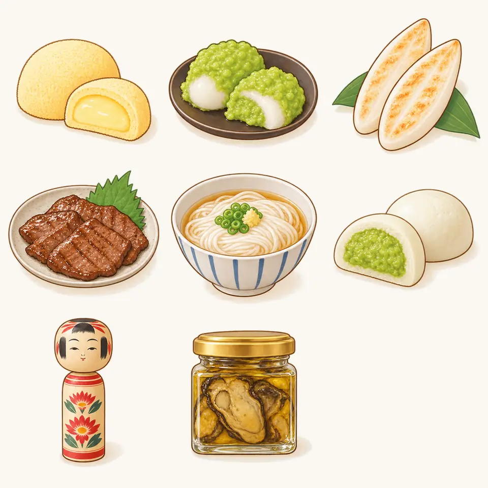 気仙沼産 牡蠣の燻製オイル漬けの特徴を描いたイラスト