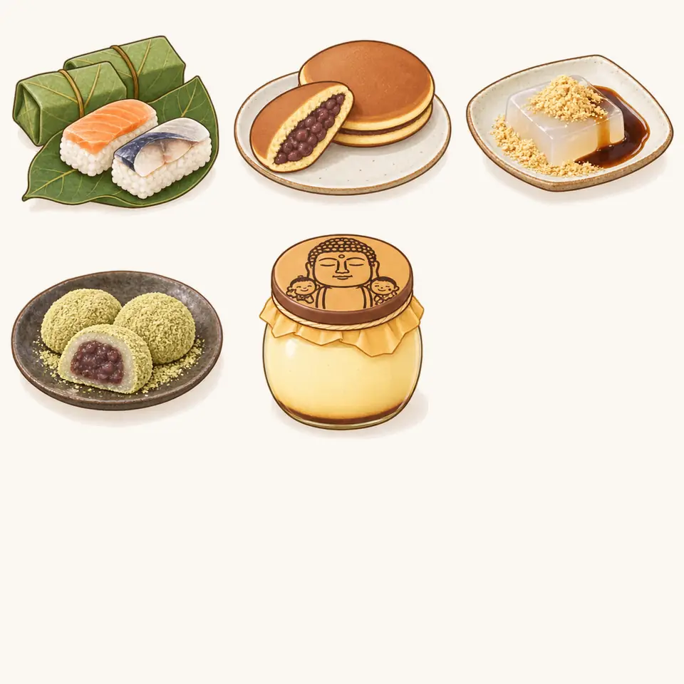 大仏プリンの特徴を描いたイラスト