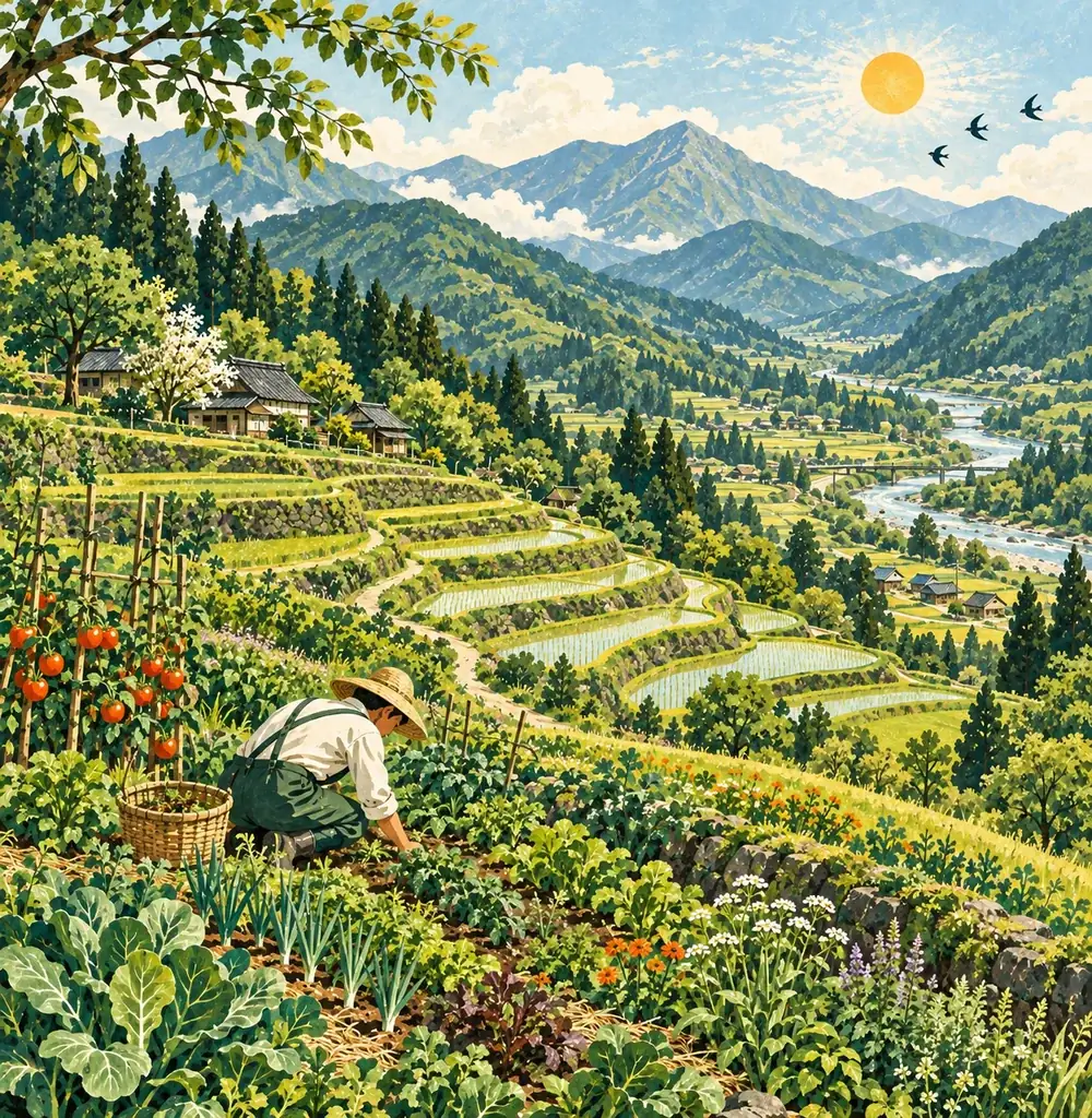 棚田と畑が広がる山あいの里で、農家さんが野菜の手入れをしている絵