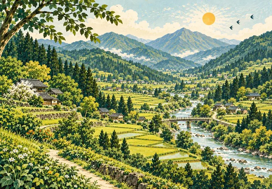 川沿いに田んぼと林が続く谷の風景